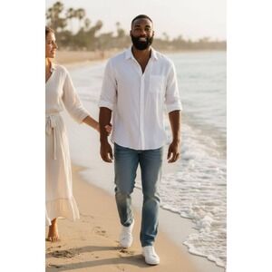 Men's Universal Thread L White Linen Blend Casual Beach Resort Button Up Shirt